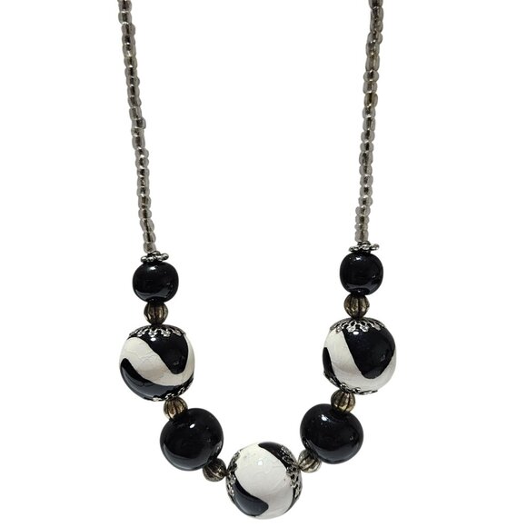 Elegant Chunky Beaded Necklace Black White Beads Statement Fashion Jewelry Women - Picture 1 of 6